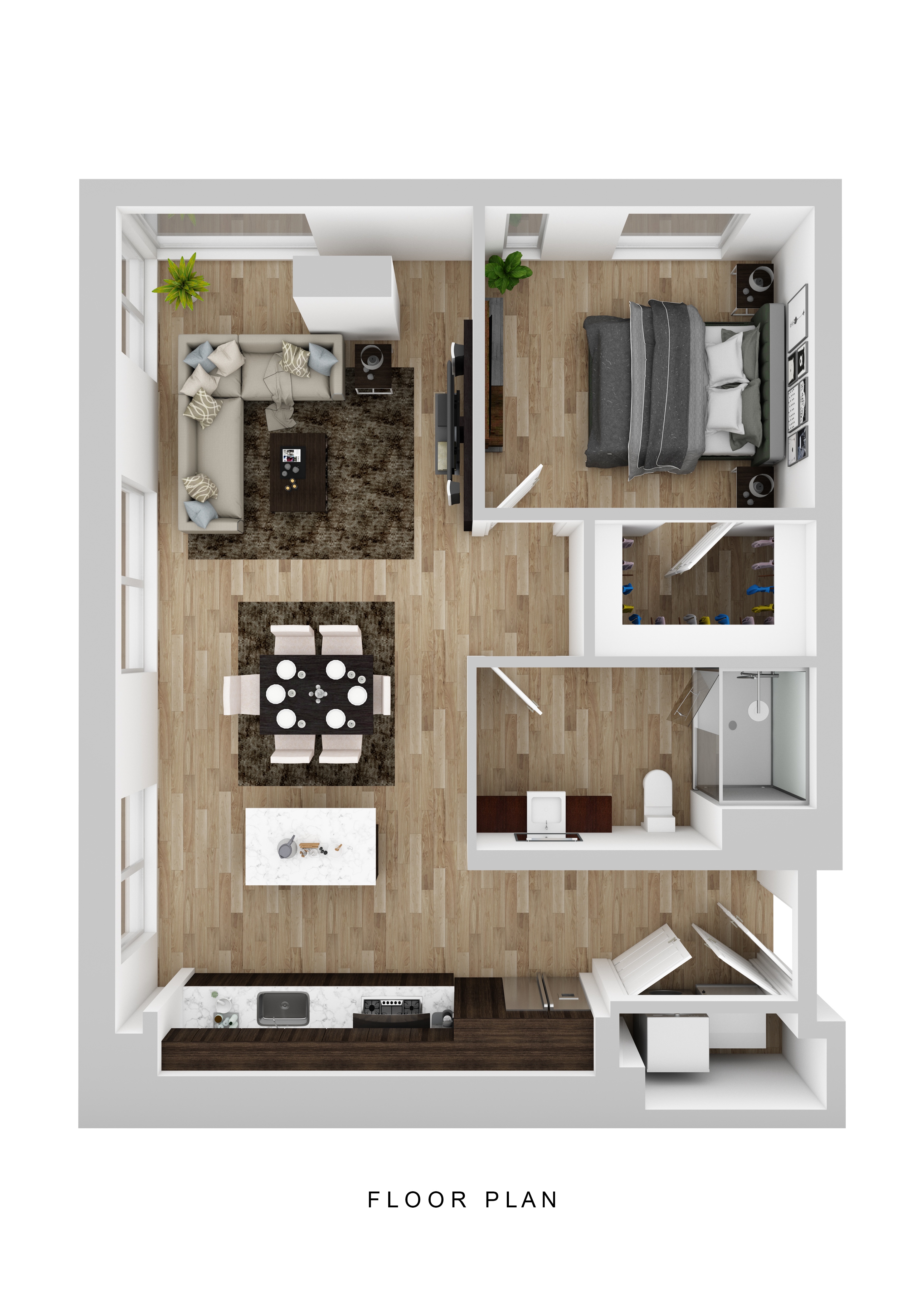 Floor plan for 1 bed, 1 bath, 1045 sqft